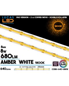 Lucas LED COBH-640 professional COB LED strip, 640 LEDs per metre, 24V, 8W/m, CRI 90 and 1800K amber warm white light
