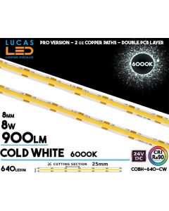 Lucas LED COBH-640 professional COB LED strip, 640 LEDs per metre, 24V, 8W/m, 900 lm/m, CRI 90 and 6000K cool white light