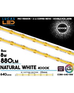 Lucas LED COBH-640 professional COB LED strip, 640 LEDs per metre, 24V, 8W/m, 880 lm/m, CRI 90 and 4000K natural white light