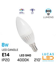 E14 LED Candle bulb light  8W - 4000K Natural White - 800lm - viewing angle 210° -  New Decorative DUN HI bulb light