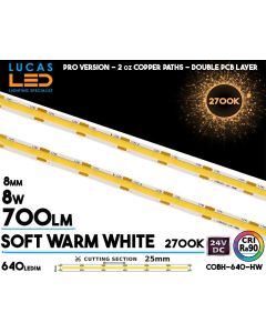 Lucas LED COBH-640 professional COB LED strip, 640 LEDs per metre, 24V, 8W/m, 700 lm/m, CRI 90 and 2700K soft warm white light