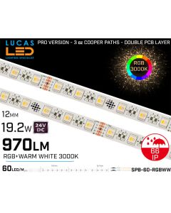 Outdoor LED Strip RGB+3000K • 60LED/m • 24V • 19.2W • IP66 • 970lm • 12.3mm • PRO Version 3oz Cooper paths • Waterproof-lucasled.ie
