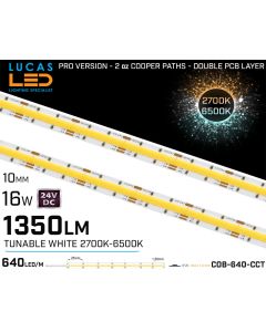 LED Strip COB CCT 2700-6500K • Spotless • 24V • 16W • IP66 • 1350lm • 10mm • 2oz Cooper paths PRO Version • Waterproof-lucasled.ie