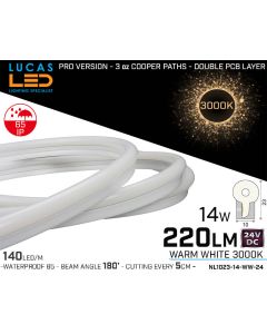 LED Neon Warm White  1023 • 24V • 14W • IP65 • 650lm •10x23mm• Pro Version 3oz Cooper paths • 10 meter Roll • NL1023-14-WW-24