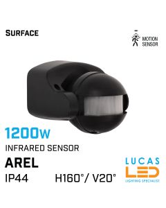 outdoor-PIR-Infrared-Motion-Sensor-1200W-IP44-surface-wall-ceiling-switch-light - horizontal angle -160°-black-lucasled.ie