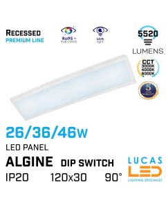 recessed-led-panel-light-26w-36w-46w-cct-3000k-4000k-6000k-dip-stwitch-3120lm-4320lm-5520lm-ip20-120x30-led-smd-algine_lucasled.ie