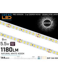 LED Strip  SHF Natural White • 144 LED/m • 24V • 5.5W • 4000K • IP20 • 1180lm • 8mm • 3oz Cooper paths PRO Version