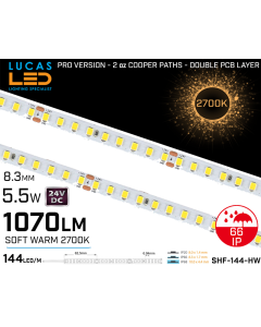 LED Strip  SHF Soft White • 144 LED/m • 24V • 5.5W • 2700K • IP66 • 1070m • 8mm • 3oz Cooper paths PRO Version