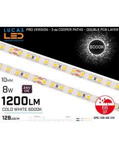 LED Strip Cold White Ultra High Bright • 128 LED/m • 24V • 8W • 6000K • IP66 • 1200lm • 8.3mm •3oz Cooper paths PRO Version • Waterproof