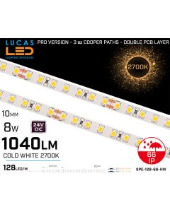 LED Strip Cold White Ultra High Bright • 128 LED/m • 24V • 17W • 2700K • IP66 • 1040lm • 8.3mm •3oz Cooper paths PRO Version • Waterproof-lucasled.ie