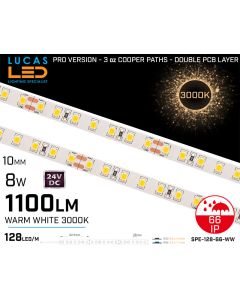 LED Strip Warm White Ultra High Bright • 128 LED/m • 24V • 8W • 3000K • IP66 • 1100lm • 8.3mm •3oz Cooper paths PRO Version • Waterproof-lucasled.ie