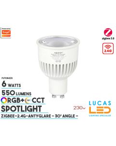 Zigbee GU10 Bulb • 6W • 550lm • RGB+CTT LED Spotlight • 2.4G • Beam Angle 30° • 100-240V • White Body