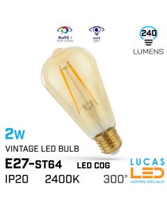 E27 Vintage LED bulb 2W - 240lm - 270°- 2400K Ultra Soft Warm - ST64 - filament light - LED COG - Edison Retro Shine
