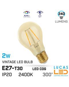 E27 Vintage LED bulb 2W - 240lm - 2400K Ultra Soft Warm White - 270° - A60 - filament light - LED COG - Edison Retro Shine