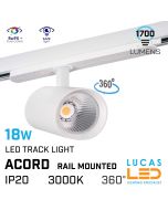 LED Track Lighting - Rail-mounted projector - 18W - 3000K -1700lm - 3 phase - 3 circuit track - White colour -Warm White
