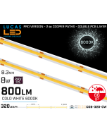 LED Strip COB Cold White • Spotless • 24V • 8W • 6000K • IP66 • 730m • 8mm • 2oz Cooper paths PRO Version • Waterproof-lucasled.ie