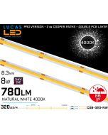  LED Strip COB Natural White • Spotless • 24V • 8W • 4000K • IP66 • 780m • 8.3mm • 2oz Cooper paths PRO Version • Waterproof