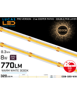 LED Strip COB Warm White • Spotless • 24V • 8W • 3000K • IP66 • 690lm • 8mm • 2oz Cooper paths PRO Version • Waterproof-lucasled.ie
