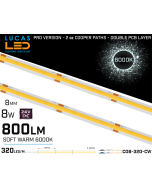 LED Strip COB Cold White • Spotless • 24V • 8W • 6000K • IP20 • 800lm • 8mm • 2oz Cooper paths PRO Version
