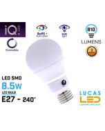 E27 LED Dimmable bulb Light- 8.5W- A60- 880lm- 6500K- beam angle 240°- New IQ Technology -Cold White