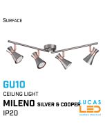 Surface LED Ceiling Light GU10 x 4 - IP20 -  Home Decor Lamp - MILENO L4 Silver & Cooper 