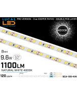 LED Strip NATURAL White Ultra High Bright • 128 LED/m • 24V • 8W • 4000K • IP20 • 1100lm • 8mm •3oz Cooper paths- double pcb layer-lucasled.ie