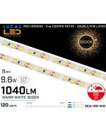 LED Strip Warm White • 120 LED/m • 12V • 9.6W • 3000K • IP66 • 1040lm • 8mm • 3oz Cooper paths PRO Version • Waterproof-lucasled.ie