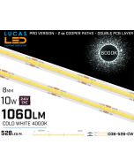 LED Strip COB Cold White •Spotless • 24V • 10W • 6000K • IP20 • 1060lm • 8mm •2oz Cooper paths PRO Version-lucasled.ie