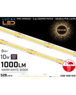 LED Strip COB Warm White • Spotless • 24V • 10W • 3000K • IP66 • 1000lm • 8mm •3oz Cooper paths PRO Version • Waterproof-lucasled.ie