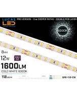 LED Strip Cold White • 112 LED/m • 24V • 12W • 6000K • IP20 • 1600lm • 8mm •3oz Cooper paths PRO Version-lucasdled.ie