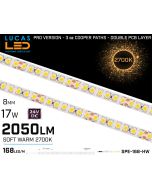 LED Strip Soft Warm Ultra High Bright • 168 LED/m • 24V • 17W • 2700K • IP20 • 2050lm • 8mm •3oz Cooper paths PRO Version-lucasled.ie