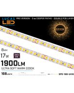LED Strip Ultra Soft Warm High Bright • 168 LED/m • 24V • 17W • 2200K • IP20 • 1900lm • 8mm •3oz Cooper paths PRO Version