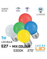 E27 LED Coloured Bulb Light 1W - 50lm - MIX Colour 10 pcs - Small Globe Ball - Party - Festoon - String light bulb - Multicoloured 