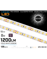 LED Strip Cold White Ultra High Bright • 128 LED/m • 24V • 8W • 6000K • IP20 • 1200lm • 8mm •3oz Cooper paths- PRO Version-lucasled.ie
