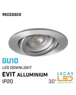 LED Recessed Spotlight - Ceiling fitting - GU10 - IP20 - Vertical adjustment of  30° - EVIT Round - brushed Aluminium