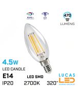 E14 LED Candle Filament bulb light  4.5W - 2700K Soft Warm White - 470lm - viewing angle 320° -  New Decorative XLED bulb