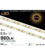 LED Strip Soft Warm White • 120 LED/m • 12V • 9.6W • 2700K • IP20 • 960lm • 8mm •3oz Cooper paths PRO Version-lucasled.ie