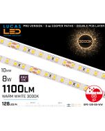LED Strip Warm White Ultra High Bright • 128 LED/m • 24V • 8W • 3000K • IP66 • 1100lm • 8.3mm •3oz Cooper paths PRO Version • Waterproof-lucasled.ie