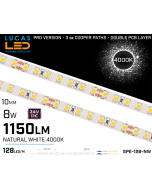 LED Strip NATURAL White Ultra High Bright • 128 LED/m • 24V • 8W • 4000K • IP20 • 1150lm • 8mm