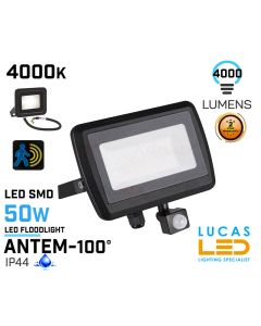 Outdoor LED Floodlight -PIR sensor- 50W- IP44- 4000lm- Natural White- Motion detector- ANTEM- Black
