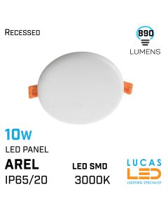 10W LED Panel Light - 3000K - 890lm - IP65/20 - downlight - ceiling fitting - AREL - White
