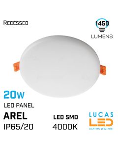 20W LED Panel Light - 4000K - 1450lm - IP65/20 - downlight - ceiling fitting - AREL - White