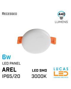 6W LED Panel Light - 3000K - 440lm - IP65/20 - downlight - ceiling fitting - AREL - White