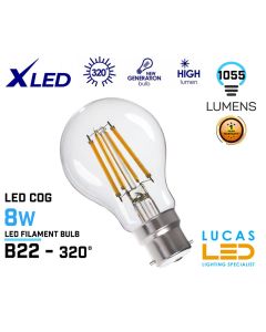 B22 LED Filament Bulb Light - 8W- 1055lm - 2700K Warm white - LED COG - Edison - New Decorative Xled bulb lamp