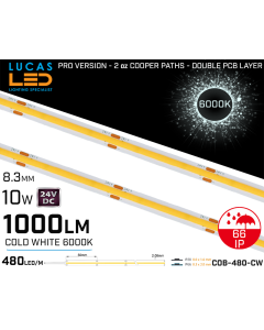 LED Strip COB Cold White • Spotless • 24V • 10W • 6000K • IP66 • 1000lm • 8.3mm • 2oz Cooper paths PRO Version