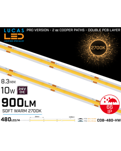 LED Strip COB Soft Warm • Spotless • 24V • 10W • 2700K • IP66 • 900lm • 8.3mm • 2oz Cooper paths PRO Version