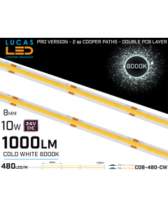 LED Strip COB Cold White • Spotless • 24V • 10W • 6000K • IP20 • 1000lm • 8mm • 2oz Cooper paths PRO Version