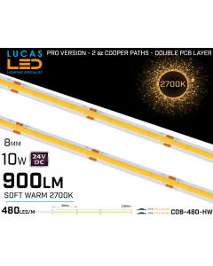 LED Strip COB Soft Warm • Spotless • 24V • 10W • 2700K • IP20 • 900lm • 8mm • 2oz Cooper paths PRO Version