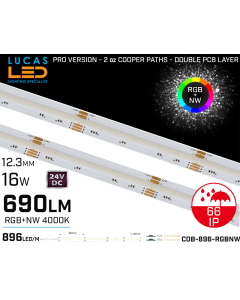 LED Strip COB Natural White • Spotless • 24V • 16W • 4000K • IP66 • 690lm • 12.3mm • 2oz Cooper paths PRO Version