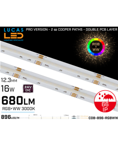 LED Strip COB Warm White • Spotless • 24V • 16W • 3000K • IP66 •  680lm •12.3mm • 2oz Cooper paths PRO Version
